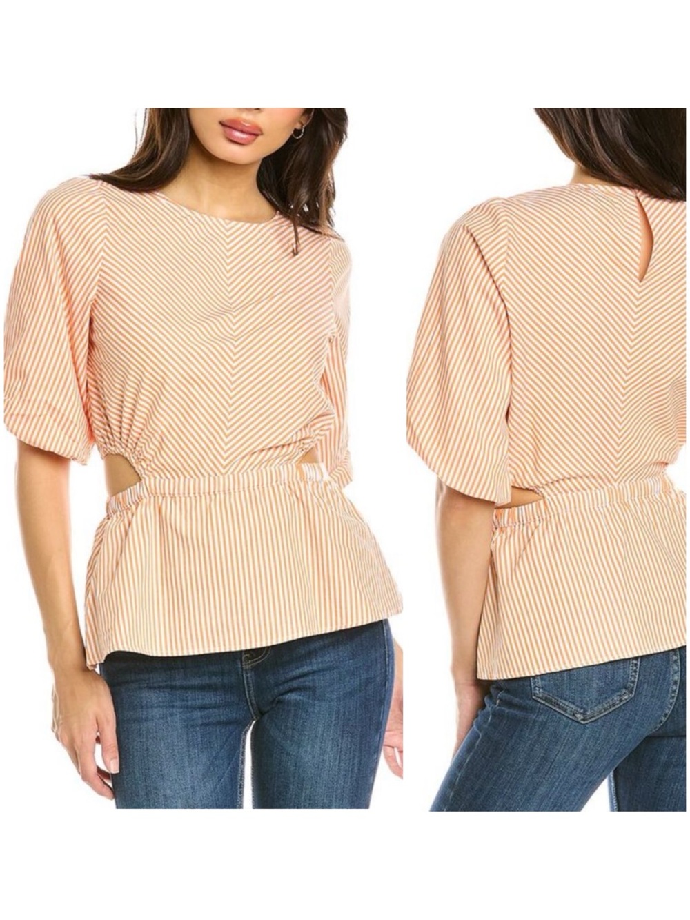 LINDEN STREET STUDIO Women’s Size M Orange White Stripe Puff Sleeve Cut-Out Top